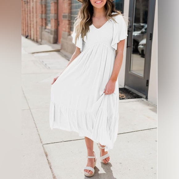 Lillusory Flowy White Smocked Midi Dress - Picture 4 of 11